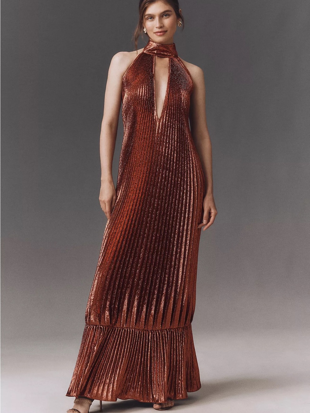 Anthropologie L’Idee Metallic Copper Halter Pleated Maxi Dress